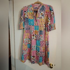 Lola Australia Patchwork Floral Tunic Dress Size Large Short Puff Sleeves